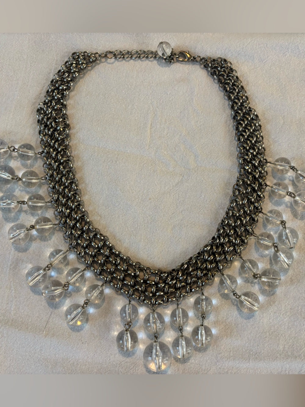 Silver-Tone Chainmail Bib Necklace with Clear Bead Drops